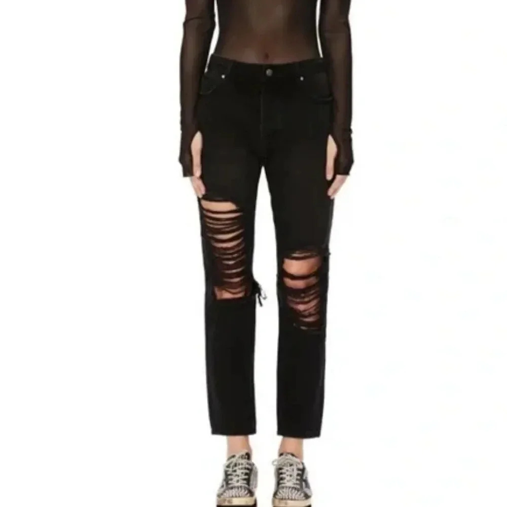 AFRM Cyrus Super High Rise Crop Jean Black Distressed NWT